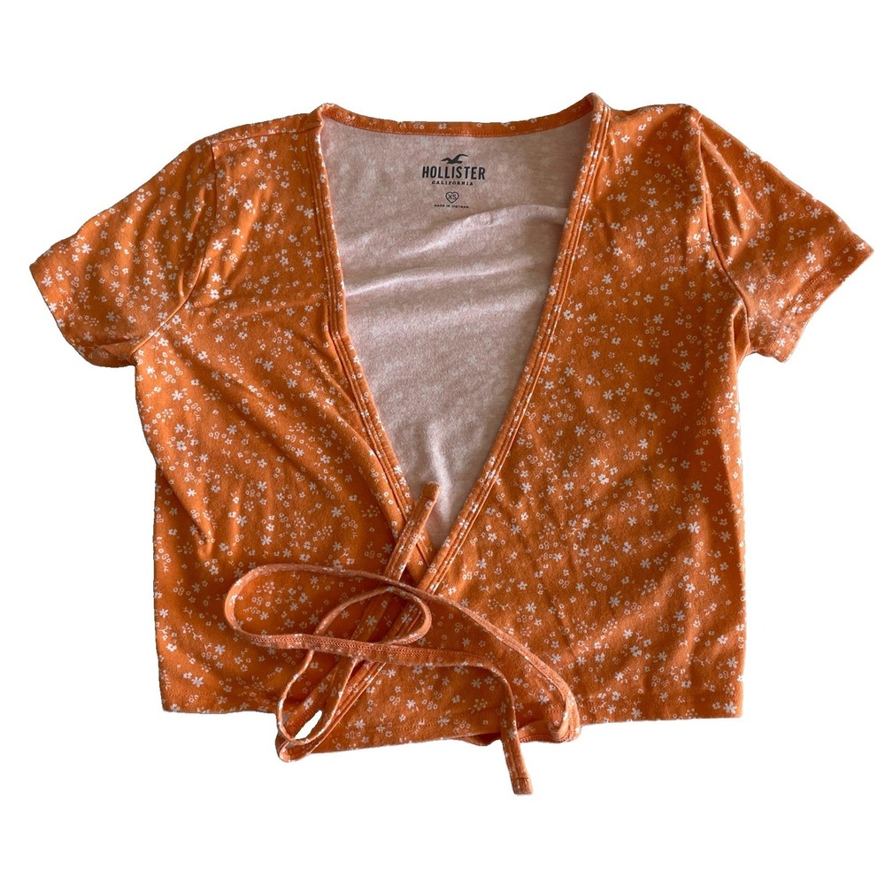 Hollister Ditsy Floral Wrap Crop Top XS Short Sleeve Tie Front Cottagcore Orange